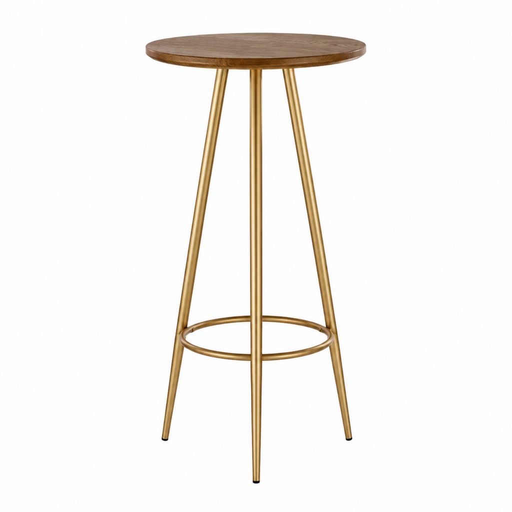 Table haute ronde de salle à manger noyer et acier doré diamètre 60 cm hauteur 105 cm