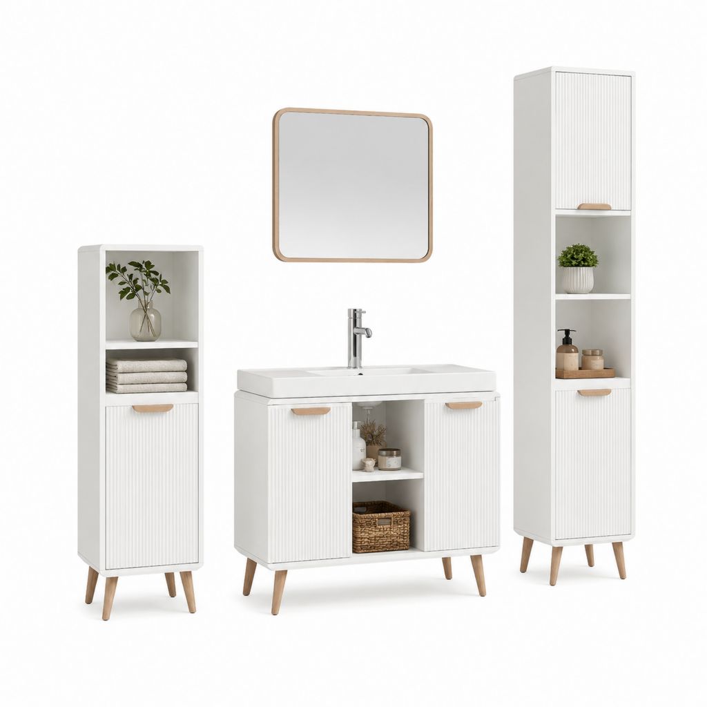 Ensemble meuble vasque salle de bain blanc en MDF avec miroir et colonnes 100 x 46 x 85 cm