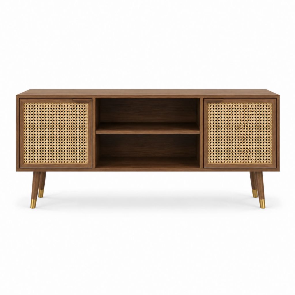 Meuble TV rectangulaire noyer et cannage en rotin 160 x 40 x 65 cm