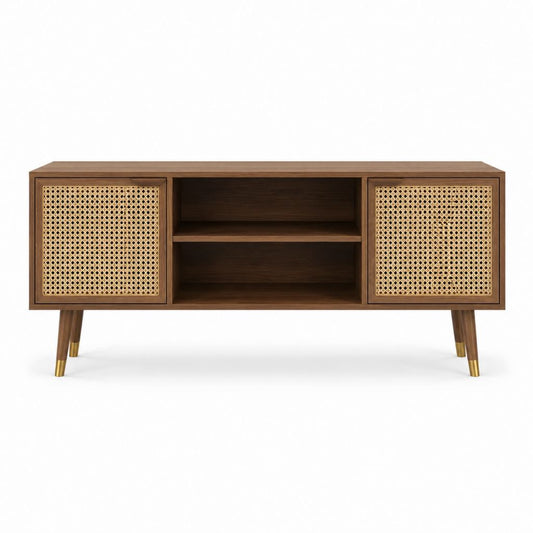 Meuble TV rectangulaire noyer et cannage en rotin 160 x 40 x 65 cm