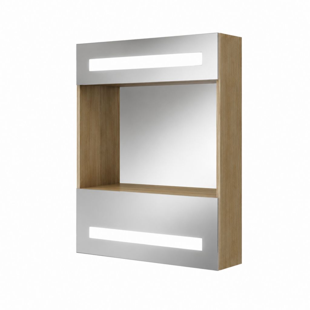 Meuble miroir de salle de bain LED chêne clair et gris en MDF 60 x 15 x 70 cm