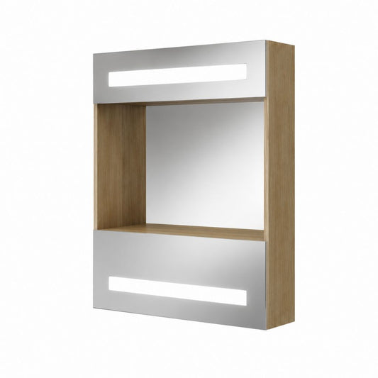 Meuble miroir de salle de bain LED chêne clair et gris en MDF 60 x 15 x 70 cm