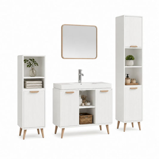 Ensemble meuble vasque salle de bain blanc en MDF avec miroir et colonnes 100 x 46 x 85 cm