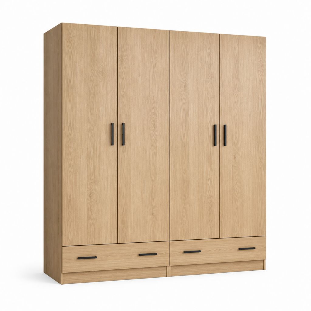 Armoire de chambre 4 portes 4 tiroirs chêne clair 180 x 52 x 200 cm