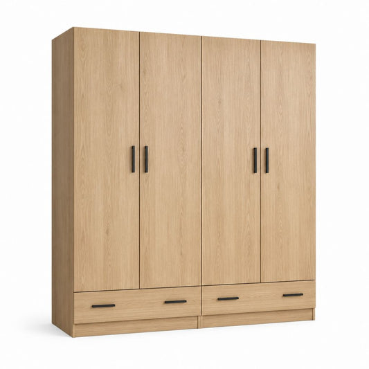 Armoire de chambre 4 portes 4 tiroirs chêne clair 180 x 52 x 200 cm