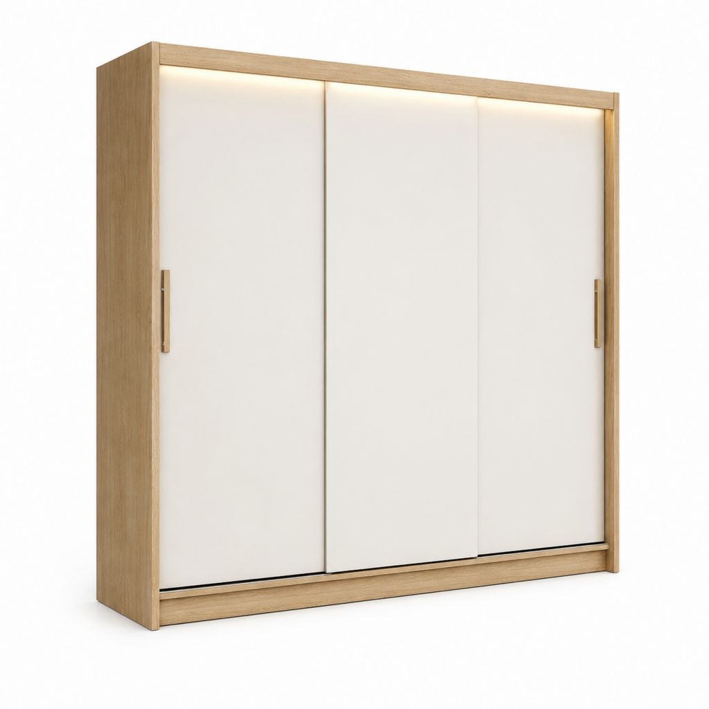 Armoire 3 portes coulissantes blanc et chêne en panneaux de particules 250 x 65 x 220 cm