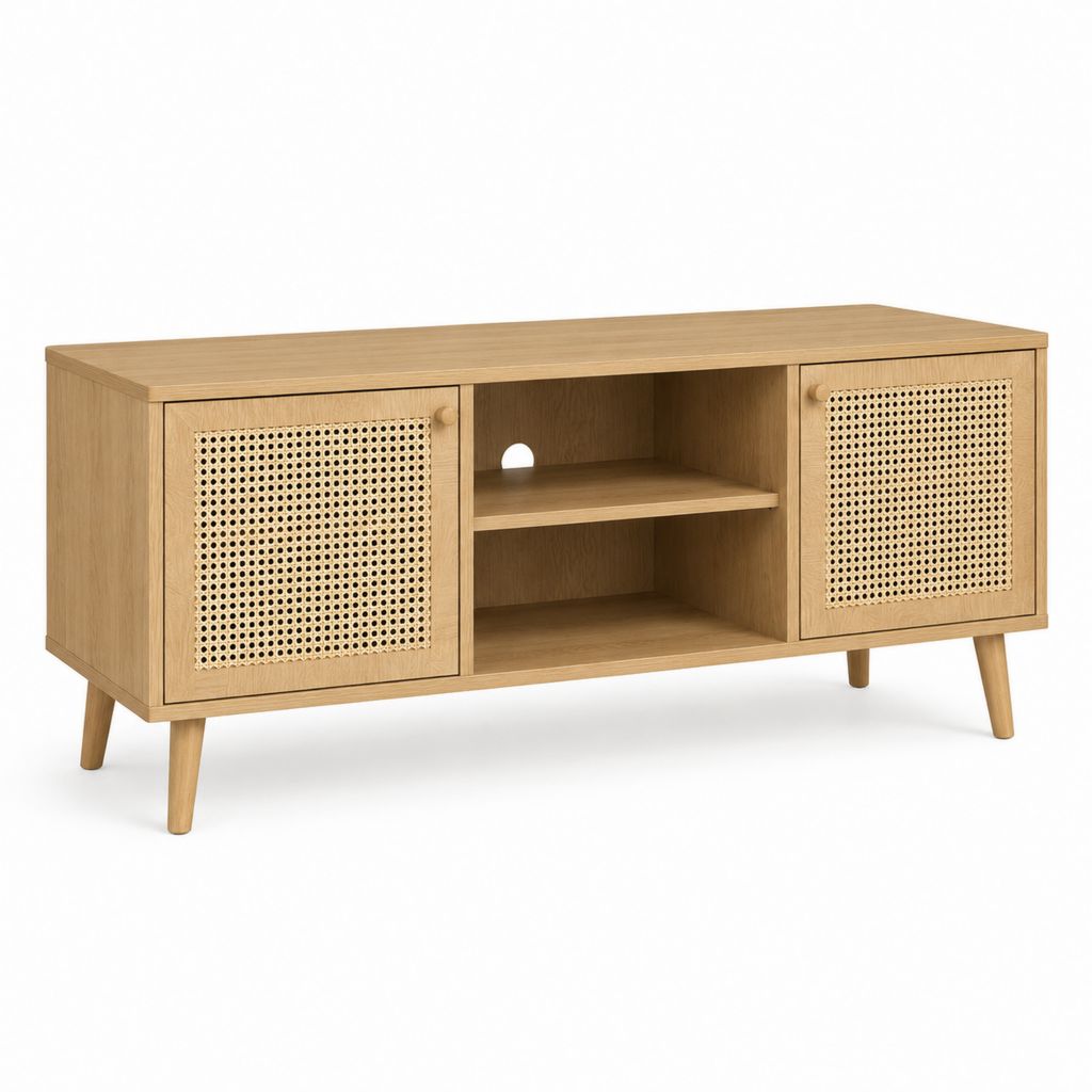 Meuble TV 2 portes avec rangement chêne et rotin 120 x 40 x 55 cm