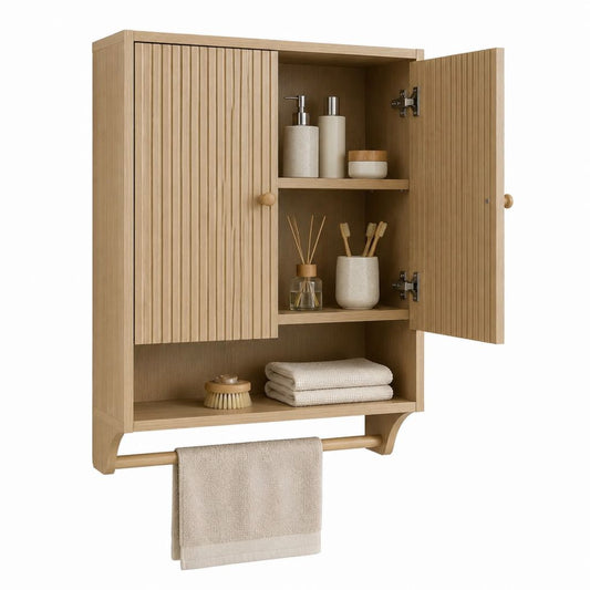 Armoire murale de salle de bain en bambou naturel à 2 portes 60 x 70 x 16 cm avec porte-serviettes