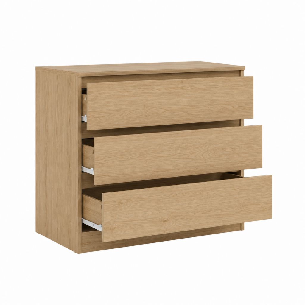 Commode basse 3 tiroirs rectangulaire chêne clair en panneaux de particules mélaminés 80 x 40 x 72 cm