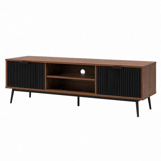 Meuble TV 160 cm noyer et noir en panneaux de particules avec portes rainurées