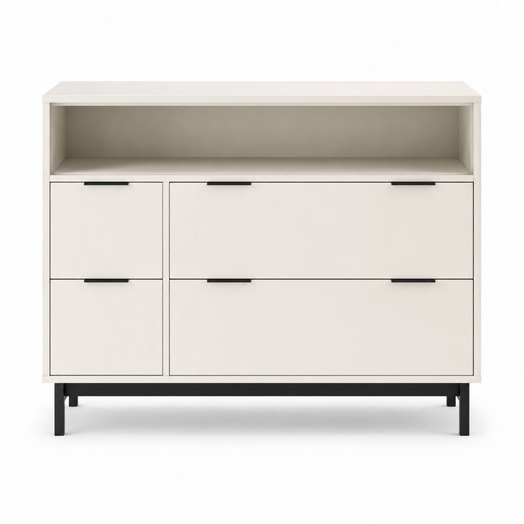 Commode basse 4 tiroirs avec niche blanche en panneaux de particules rectangulaire 120 x 40 x 90 cm