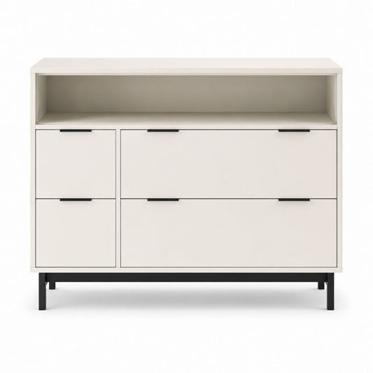 Commode basse 4 tiroirs avec niche blanche en panneaux de particules rectangulaire 120 x 40 x 90 cm