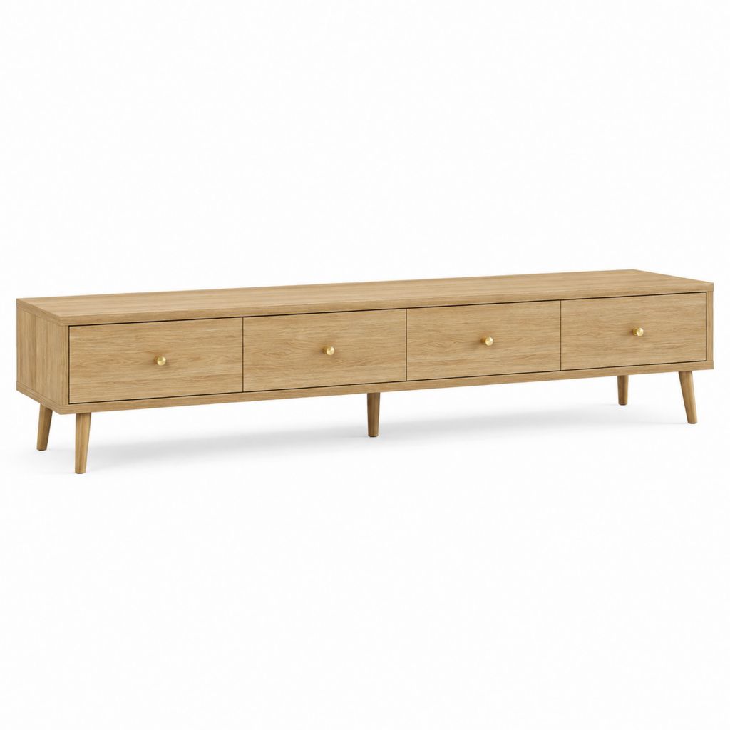 Meuble TV rectangulaire en MDF plaqué chêne naturel avec 4 tiroirs 180 x 40 x 55 cm