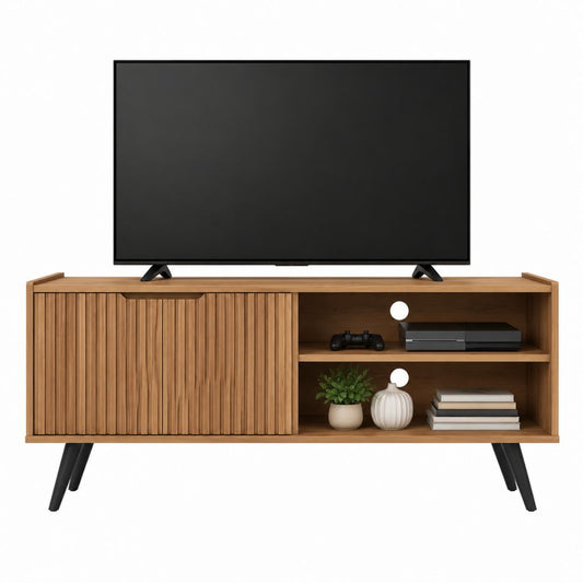 Meuble TV bas avec porte coulissante effet chêne et pieds noirs 160 x 40 x 55 cm
