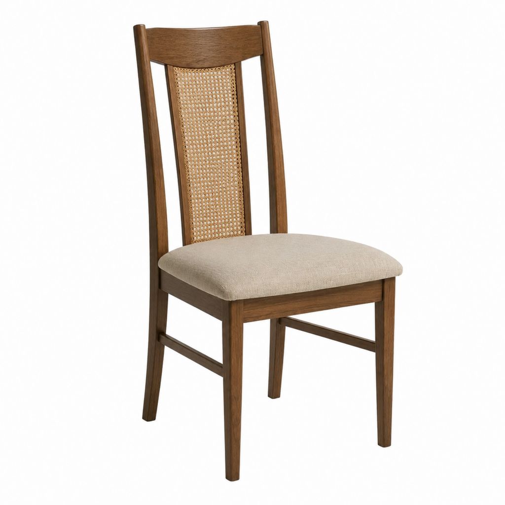 Chaise de salle à manger en bois massif teinté noyer avec dossier en rotin et assise rembourrée beige 45 x 55 x 98 cm