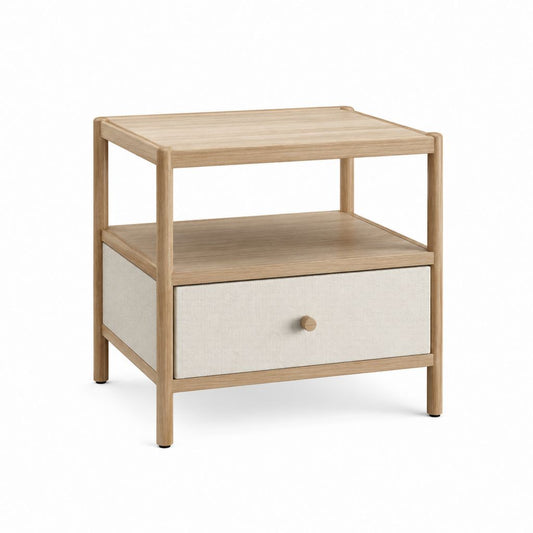 Table de chevet à 1 tiroir beige et chêne massif 45 x 35 x 55 cm