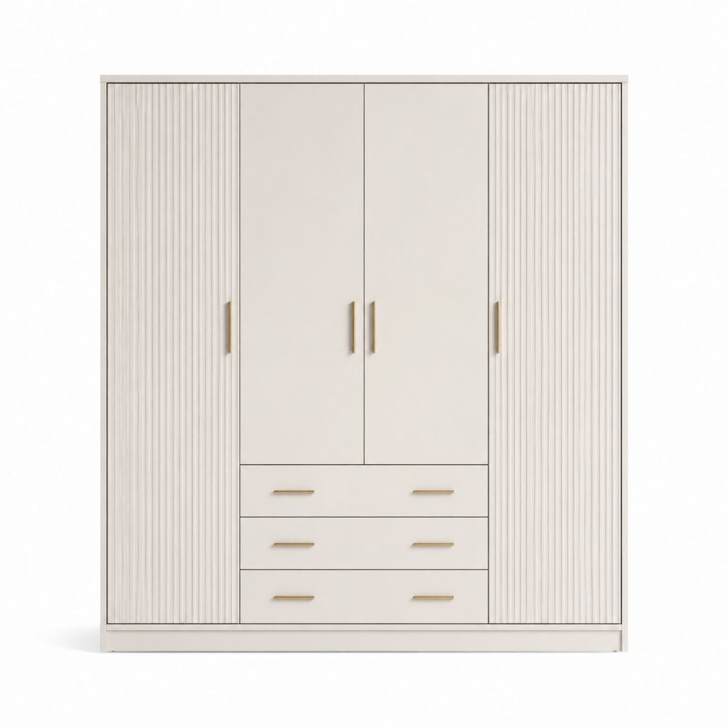 Armoire de chambre 4 portes 3 tiroirs blanc cassé en panneaux MDF 180 x 60 x 200 cm