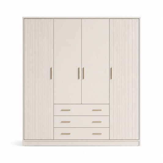 Armoire de chambre 4 portes 3 tiroirs blanc cassé en panneaux MDF 180 x 60 x 200 cm