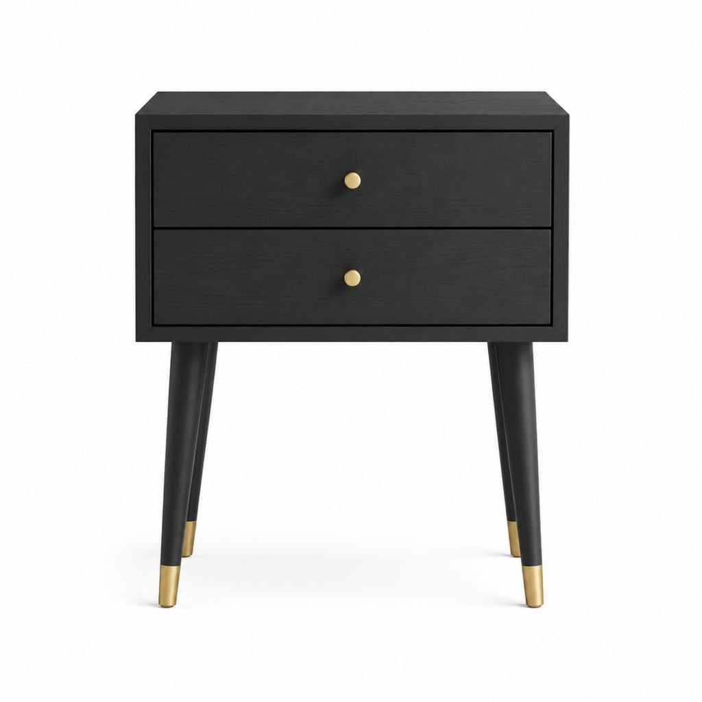 Table de chevet 2 tiroirs noire en MDF et bois massif rectangulaire 60 x 40 x 60 cm