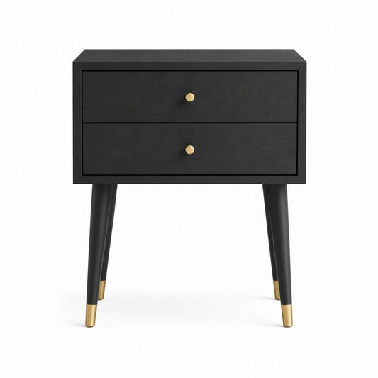 Table de chevet 2 tiroirs noire en MDF et bois massif rectangulaire 60 x 40 x 60 cm